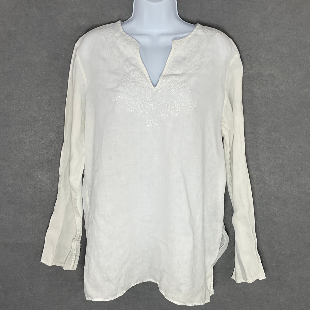 Lauren Ralph Lauren Linen Embroidered Top Long Sleeve White Sheer Lightweight L